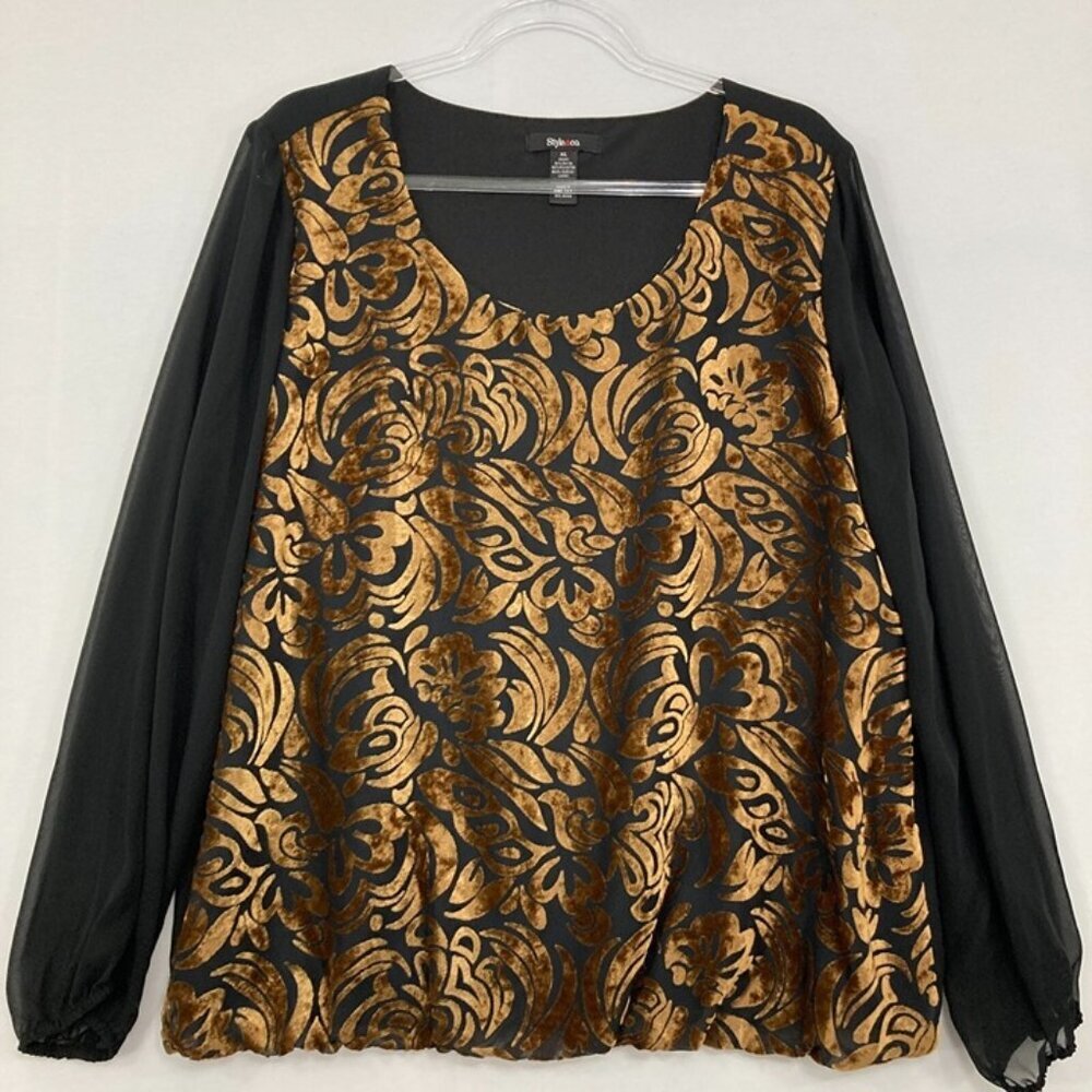 Style & Co. size XL Black Golden Velvet Abstract Pullover Long Sleeve Blouse